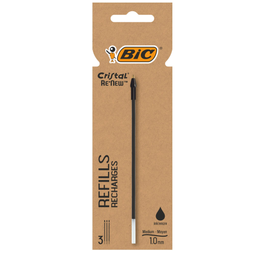 BIC CRISTAL RENEW PENNA A SFERA 1 mm + 2 REFILL INCHIOSTRO NERO